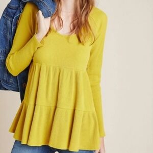 Anthropologie Maeve Samina Babydoll Top Blouse Boho Waffle Knit Tiered Flowy MED